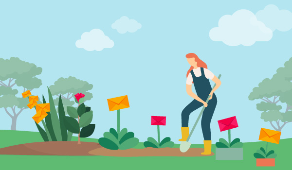 Illustration of a woman digging in a garden growing email contacts.