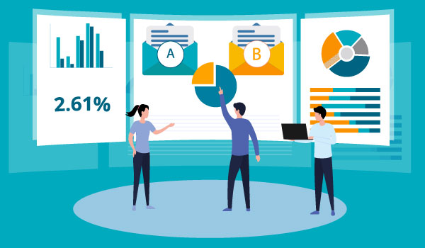 Illustration of marketers looking at dashboard of email marketing statistics.