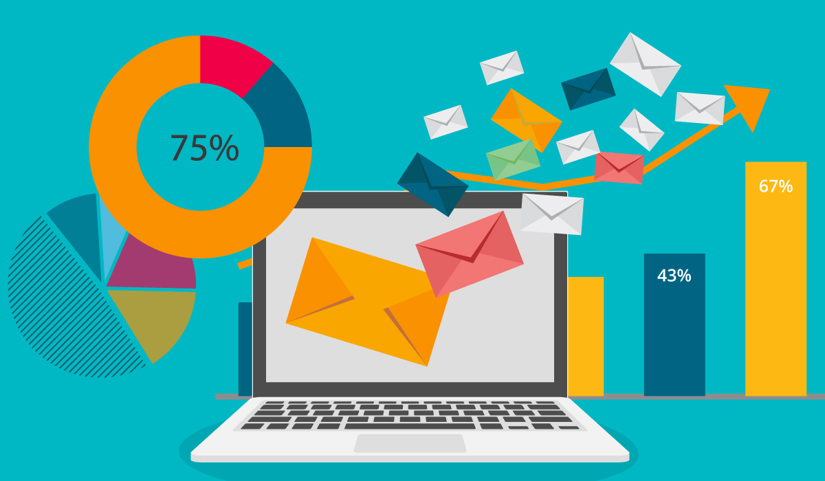 Illustration of email marketing statistics with laptop.