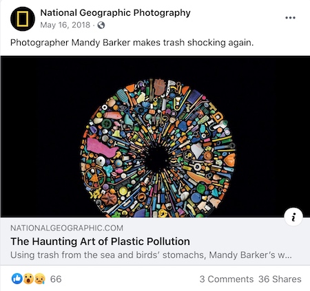 National Geographic Photography Facebook post featuring plastic pollution artwork.