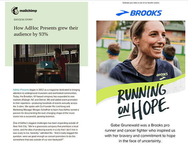 Email newsletters featuring Mailchimp customer success story and Brooks brand ambassador.