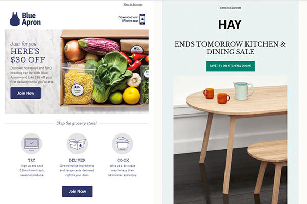 Blue apron email newsletter with $30 coupon and Hay email announcing a sale.