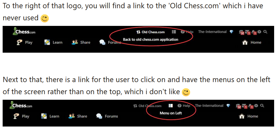 Navigation of the chess.com interface.