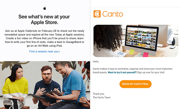 Emails from Apple and Canto that balance text and visual elements.