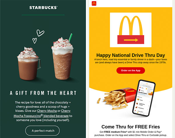 Emails from Starbucks and McDonalds showing on-brand colors and logos.