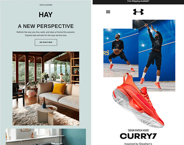 Highly visual emails marketing Hay sofas and Under Armour sneakers.