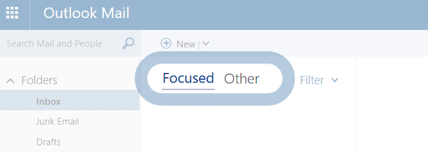 Screenshot of Outlook's Focused Inbox feature, which sorts marketing emails into a separate view.