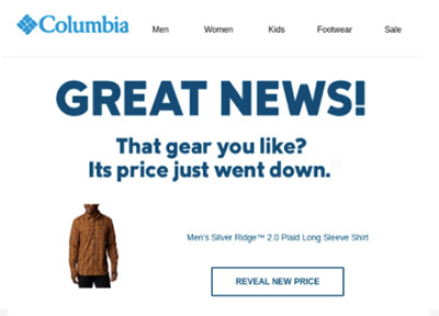 Abandoned cart email from Columbia announcing a price drop.