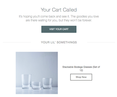 Screenshot of an abandoned cart email from a homeware store featuring a set of drinking glasses.