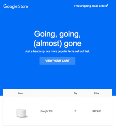 Screenshot of an abandoned cart email from the Google Store warning that Google WiFi devices are "almost gone."