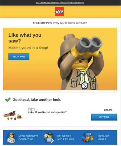 Screenshot of a Lego abandoned cart email featuring a lego man looking through binoculars.