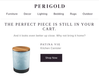 Screenshot of an abandoned cart email from Perigold featuring a blue marble kitchen canister.