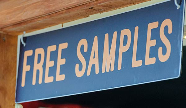 A sign that reads 'free samples'.