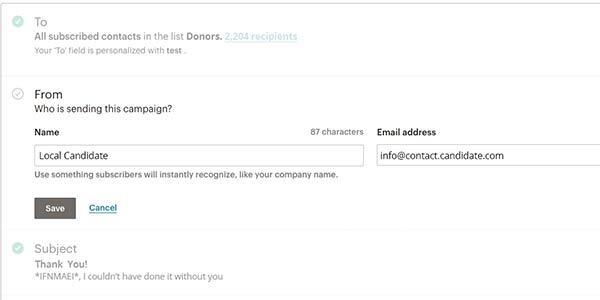 Menu for customizing the sender field in an email marketing tool.