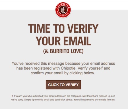 Email from Chipotle requesting email verification as part of a double opt-in processes.