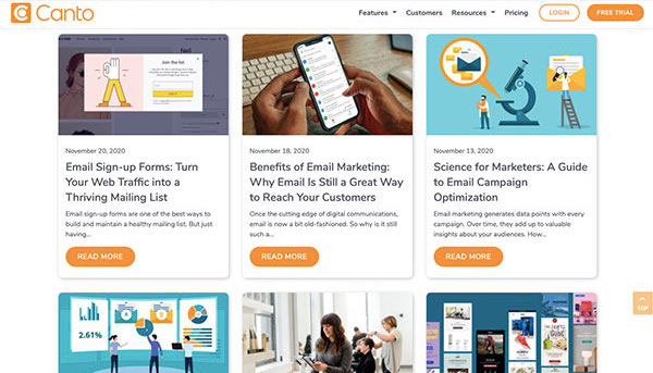 Screenshot showing email marketing resource articles on the Canto blog.