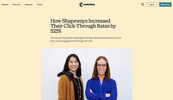 Screenshot of a Mailchimp case study discussing Shapeways' 525% CTR increase.