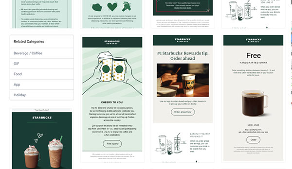 Screenshot showing collection of Starbucks emails in Really Good Emails.