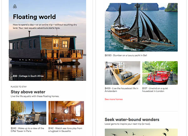 Screenshot of a lead-nurturing email from Airbnb featuring houseboats and ships.