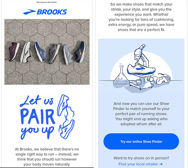 Screenshot of a Brooks email promoting their online shoe finder.