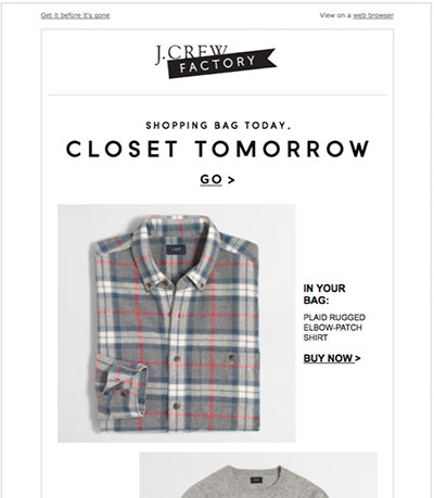 Screenshot of a J. Crew abandoned cart email featuring a shirt.