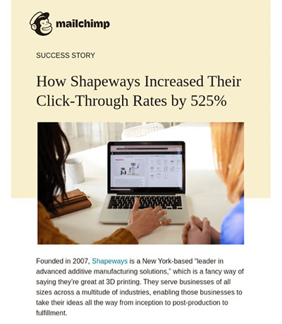 Screenshot of a Mailchimp email highlighting a customer success story.