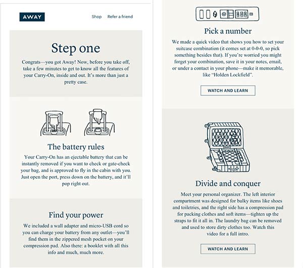 Screenshot of an email from Away featuring tips for using the suitcase.