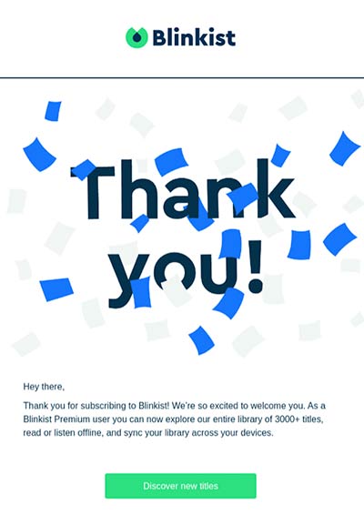 Blinkist welcome email featuring words "Thank you!" surrounded by confetti.