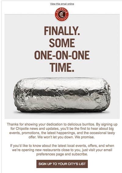 Chipotle welcome email featuring image of a foil-wrapped burrito.