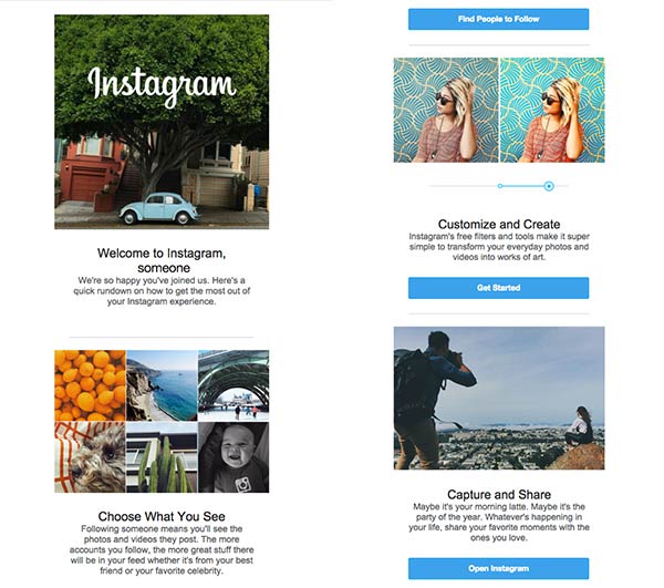 Screenshot of a welcome email from Instagram with square photos.