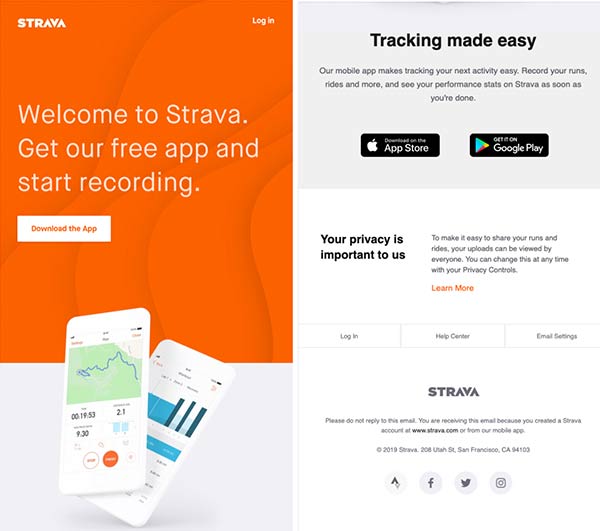 Screenshot of welcome email prompting subscribers to download the Strava app.