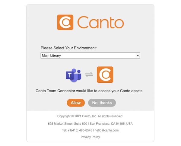 A screenshot showing how to setup your Canto connector using your Canto account in Microsoft Teams.