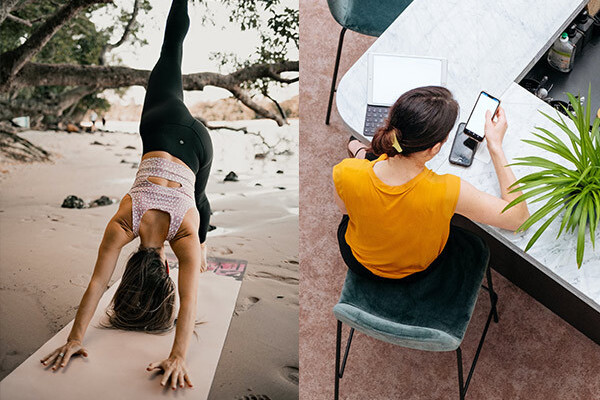 Woman doing yoga on a beach and woman checking email in an office.