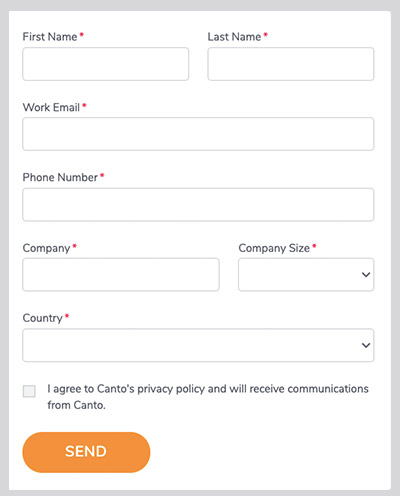 Email capturing form asking for company information.