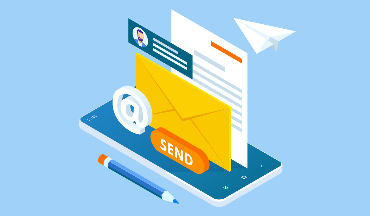 Illustration of a contact from an email list with email imagery coming out of a phone.