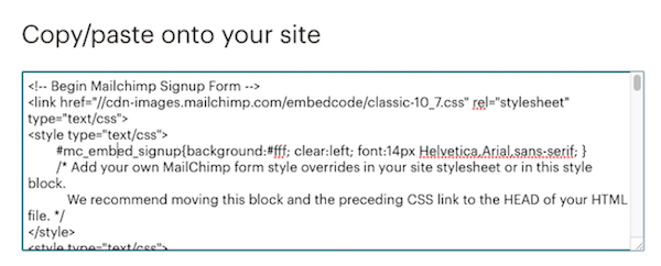 HTML generated by Mailchimp to embed an email sign-up form on a website.