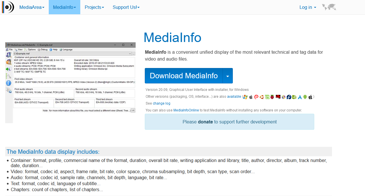 The Mediainfo site page.