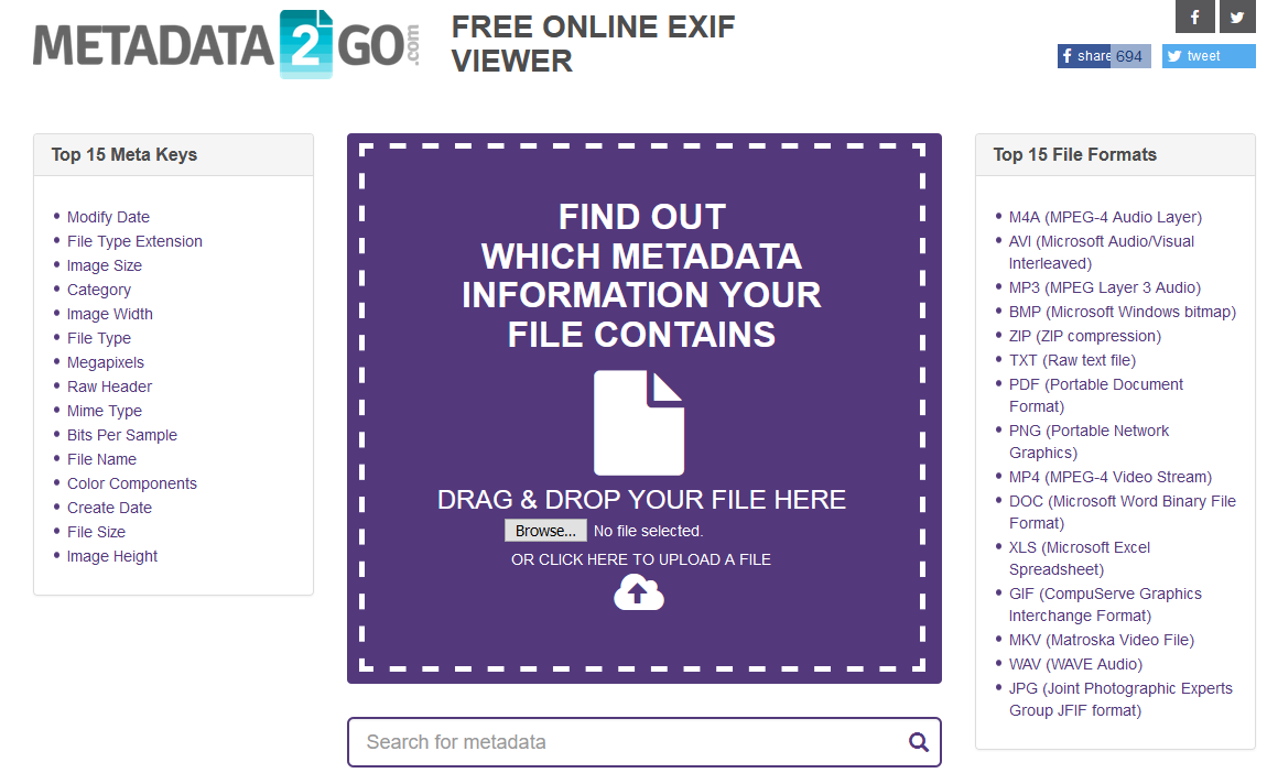 Metadata2go website interface.