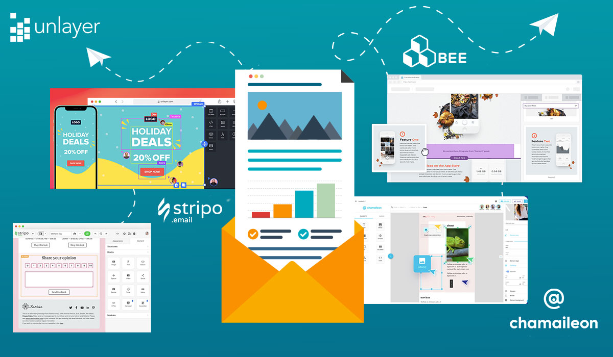 Collage of different email builder interfaces around an illustration of an email.