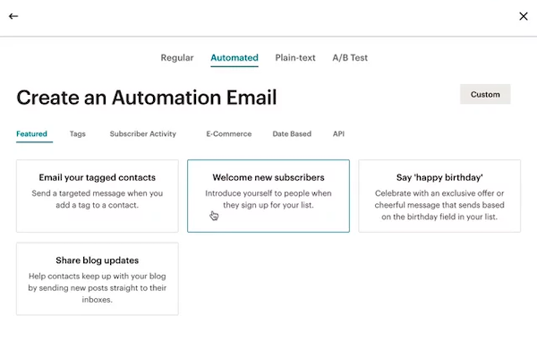 Screenshot of automation options in Mailchimp's email marketing software.