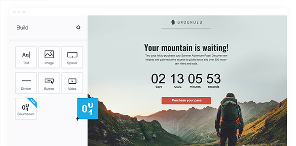 Screenshot from Campaign Monitor's email builder showing countdown clock element.