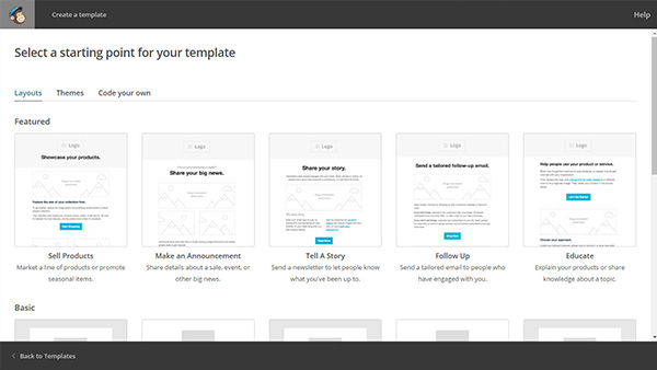 Screenshot of template selections in Mailchimp's email marketing software.