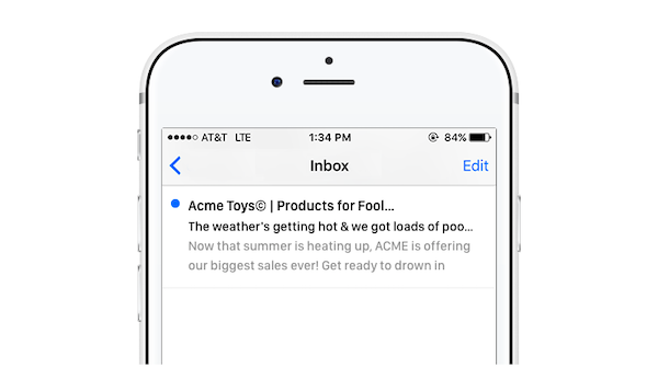 Testsubject preview of an email subject line on an iPhone that cuts off the L in pool.