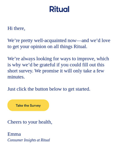 Screenshot of an email from Ritual with a bright yellow Take Survey CTA.