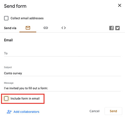 Screenshot highlighting checkbox to include Google Form in sharing email.