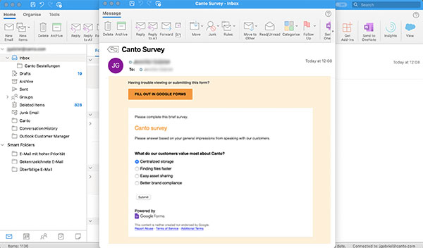 Screenshot showing how an email with a Google Form looks in Outlook.