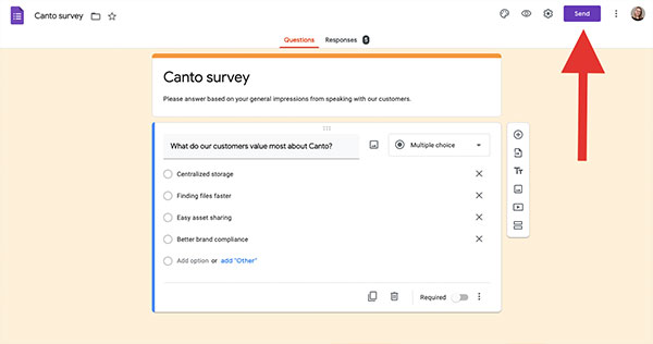 Screenshot in Google Forms with red arrow pointing to Send button.