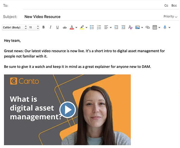 Email with video preview image embedded in-line.