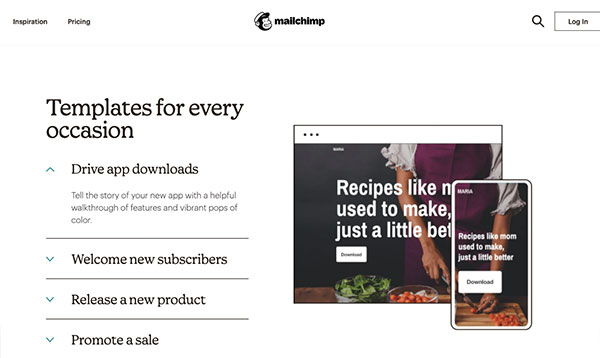 Mailchimp website introducing templates.