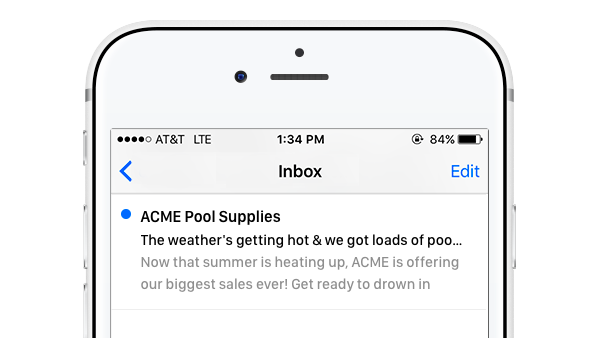 Email preview on iPhone screen that cuts the L off the word pool in a subject line.